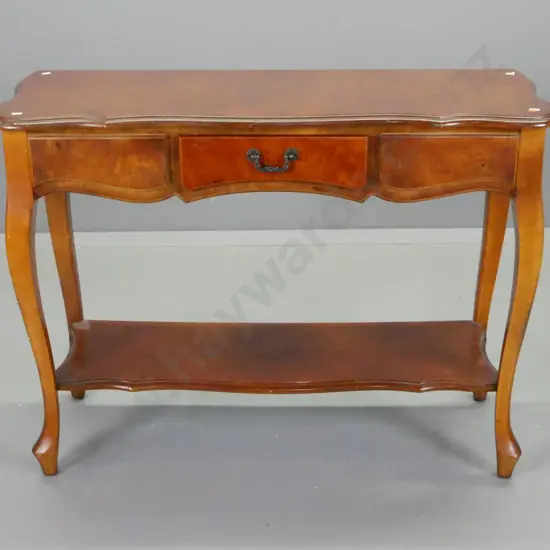 reproduction walnut cab-leg side / hall table with single drawer, metal drop handle, bottom shelf - H-760 H-1130 D-380