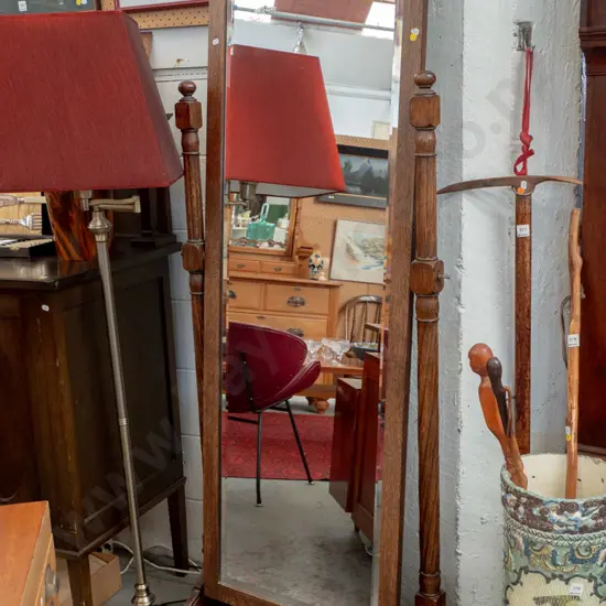 vintage full-size oak-framed freestanding bevelled edge dressing mirror with fluted supports, platform base, rope edge