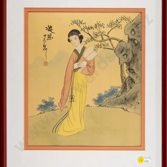 framed Asian ink and watercolour - women with fan H-310 W-250