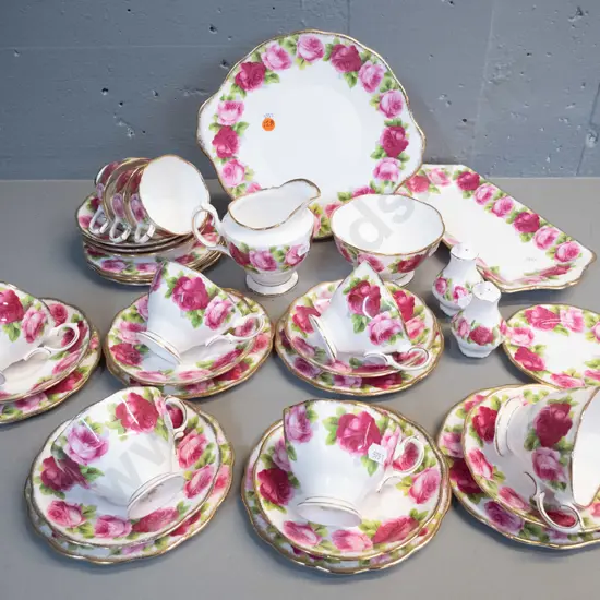 Royal Albert Old English Rose tea ware - 9 trios, sandwich plate, cake plate, salt & pepper, etc. - minor wear to gilt