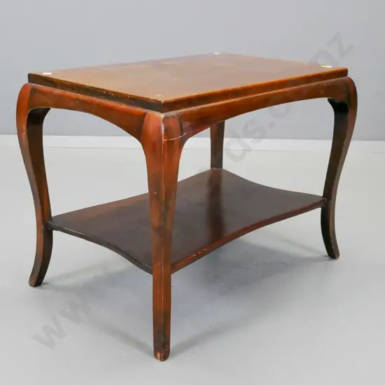 vintage beech and rimu 2-tier coffee table with sweeping shaped legs, some surface damage on top, chips to base of one