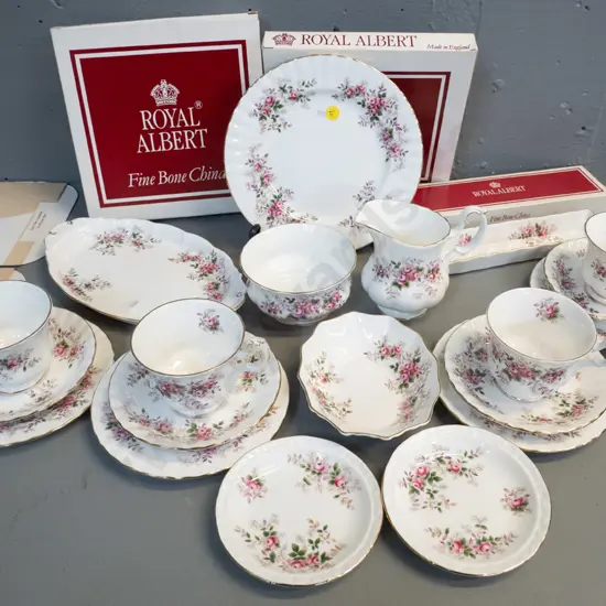 Royal Albert Lavender Rose china items - 4 trios, cream & sugar, mint dish, sweet dish, 4 plates, some w/original boxes