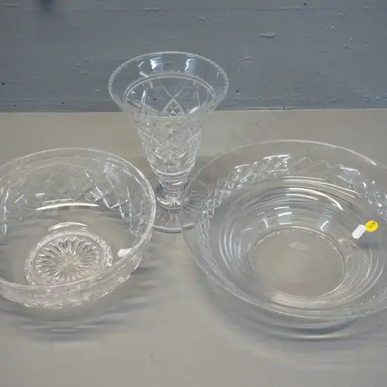 3 pieces of cut crystal - 2 bowls, larger is D-260, and a footed vase H-180