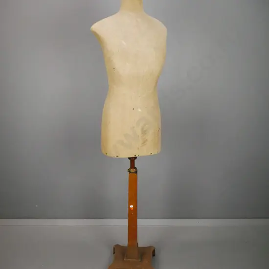 vintage dressmaker's form on oak platform base with wooden top cap - some wear & staining to fabric and polish H-1560