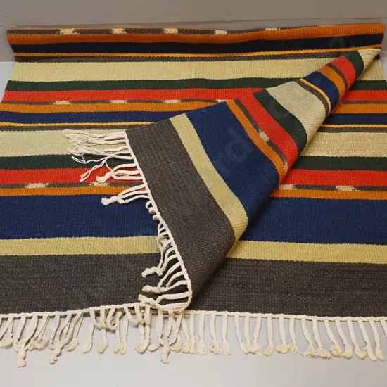 hand woven wool rug / wall hanging with multi-colour stripe pattern and plaited fringe, vg condition L1700 W960