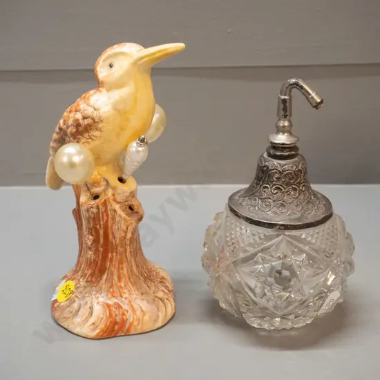 Sylvac kingfisher hat pin holder with 3 hat pins and a cut glass perfume bottle, plated top needs attention