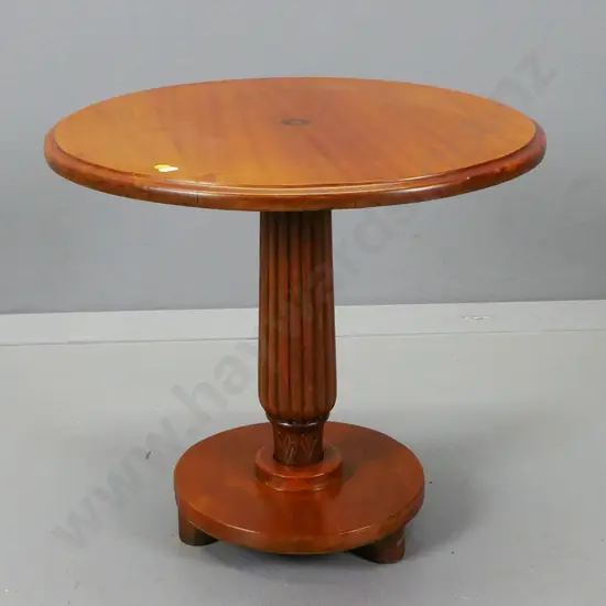 small round mixed timber coffee table made from vintage furniture parts on 3 round feet H-480 D-520