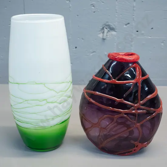 2 art glass vases with stringing effect - red on purple and larger green on white H-280