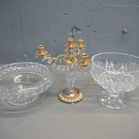 Stuart crystal bowl H-240, one other footed bowl and a gilt and crystal 4-candle candelabrum H-240