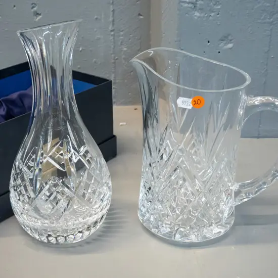2 Stuart cut crystal items - heavy jug and a boxed carafe H-270 (packing tape stuck to original box)