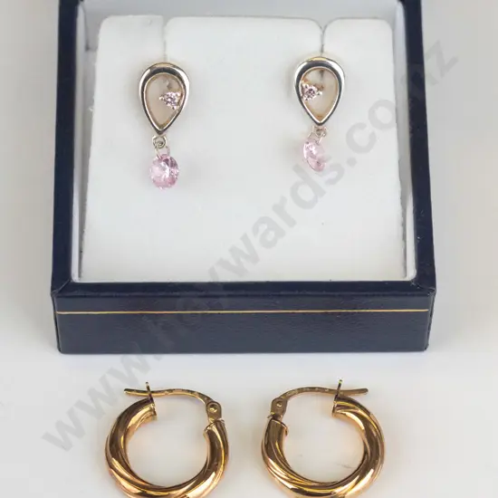 pair gold hoop earrings stamped 375 & pair of silver pink stone earrings stamped 925