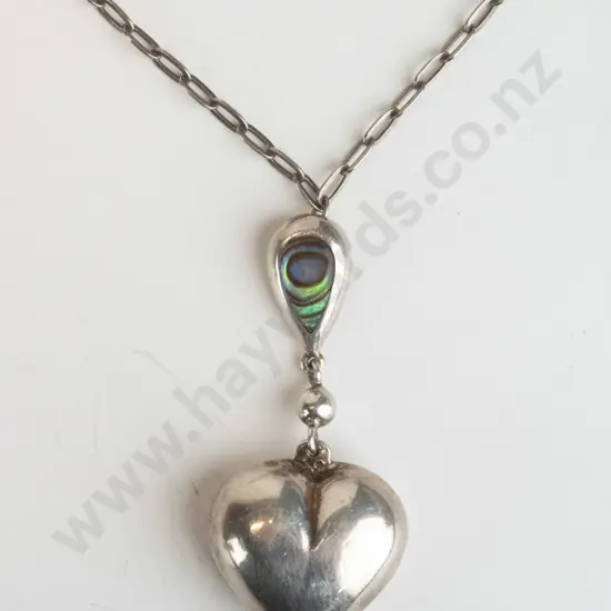 silver necklace with heart & paua shell stamped 925