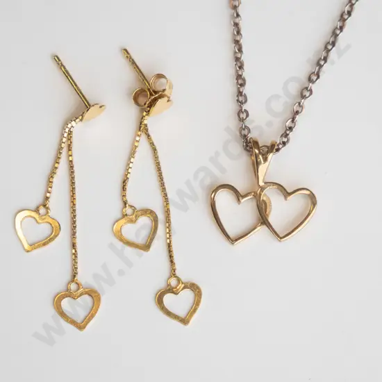 gold double heart necklace & matching earrings stamped 9ct