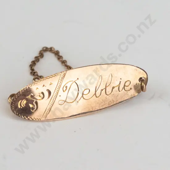 9ct brooch with safety chain with the name 'Debbie' engraved