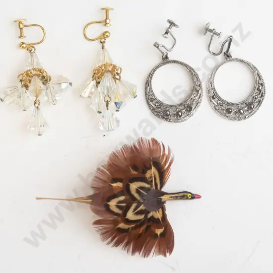 pair crystal earrings, pair marcasite [both screw on] & feathered bird brooch
