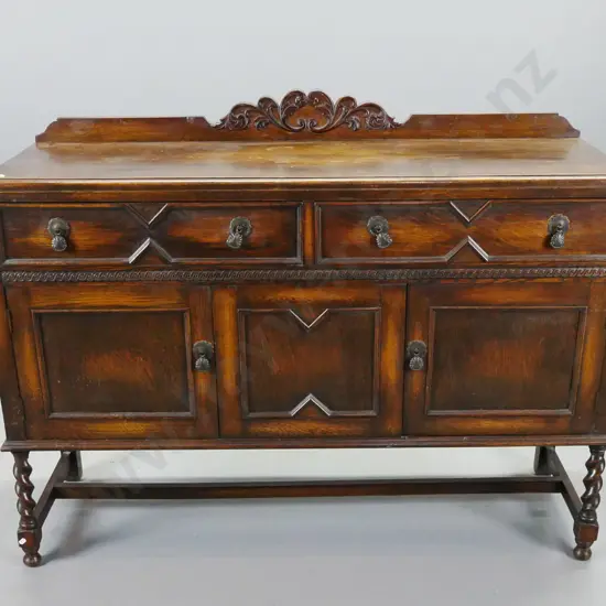 vintage oak Jacobean style sideboard with carved upstand, 2 drawers w/ drop handles, 2 cupboard doors, on stretcher base