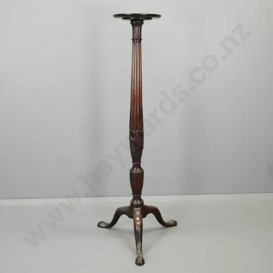 antique 19th century mahogany torchiere stand in Adams style with fluted column, swag decoration, 3 sweeping pad feet -