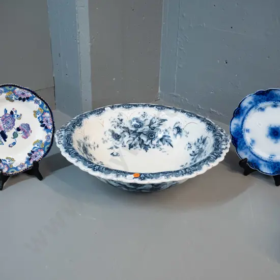 Late Mayers blue & white wash bowl D430, Wood & Sons Cambridge plate, and an English flow blue plate