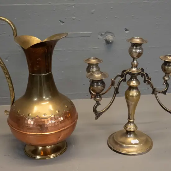 brass and copper jug on ring foot and a plated 5-candle candelabra - plating mostly worn off. Jug H-310