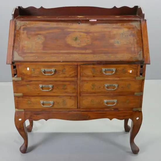 reproduction mahogany drop front desk w/ extensive brass inlay decoration, brass drop handles, 6 drawers, shaped crest