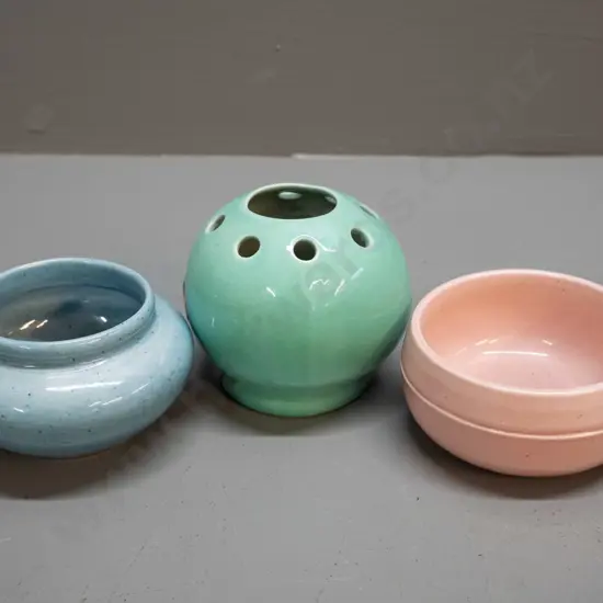 3 pieces of O.C. Stephens pottery - teal potpourri globe H85, pink dish & powder blue speckled bowl with hairline crack