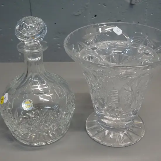 2 Webb-Corbett cut crystal items - rose bowl vase with frog and a stoppered decanter H-240