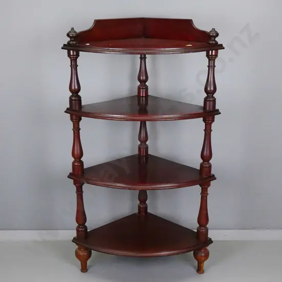 colonial kauri 4-tier corner whatnot with turned supports, original polish with some scratching H-1090 W-600 D-440