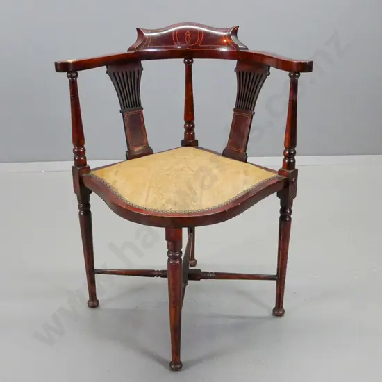 vintage mahogany corner chair with inlaid & fluted back splats, inlaid stringing to arms and back, on x-frame base, some