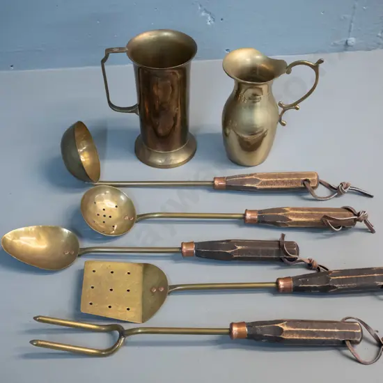 brass and copper items - set of 5 brass utensils with copper collars on wooden handles w/ tied leather loops and 2 brass