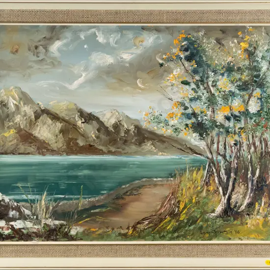 Anne Fountain '66 - framed oil -lake and mountain scene H-440 W-570