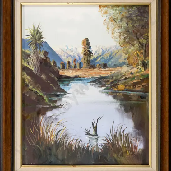 C Pickworth '90 - framed oil - lake and mountain scene H-490 W-390