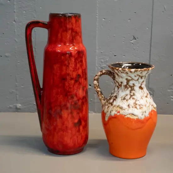 2 retro German pottery mottled glaze jugs - taller is H-290