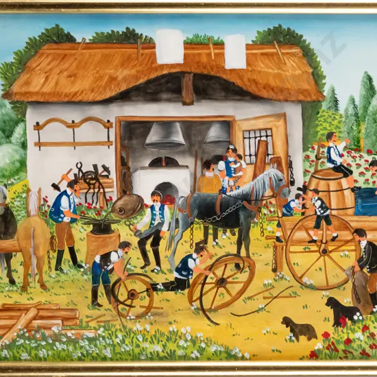 Makai - framed watercolour - farrier and wagon scene H-200 W-29