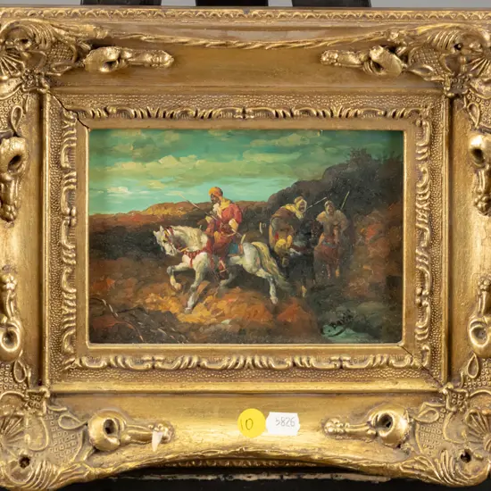 C David - gilt framed acrylic - men on horseback H-110 W-160