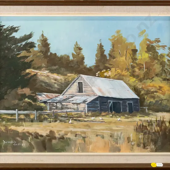 Desmond Smith 85 - framed acrylic "Shed Motupiko" H-340 W-450