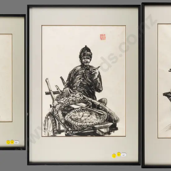 3x Clark Esplin - framed inks - "Mandarin Seller" "Vegetables for Sale" "Carter" extensive foxing Largest H-410 W-300