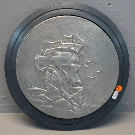 deco style beaten pewter sailing ship image in painted timber frame D-260