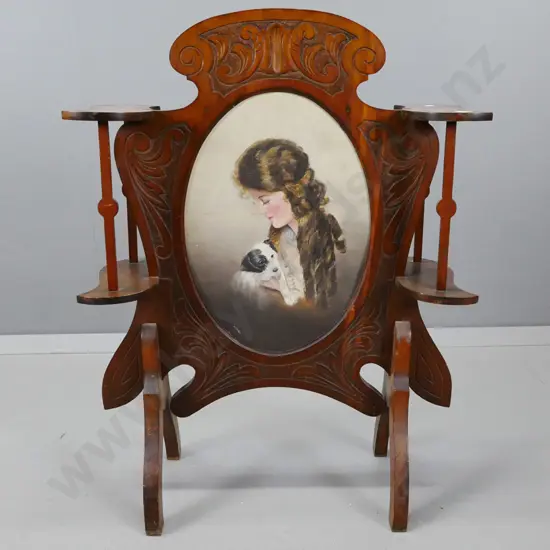 small beech and rimu decorative screen with oval painted portrait of girl and dog, foliate carved frame - side shelves
