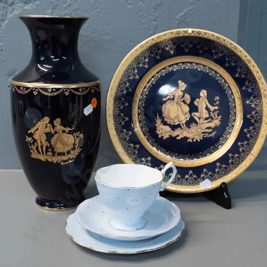 2 pieces Limoges cobalt and gold - large vase H280 and cabinet plate - and a polka dot Royal Albert trio, some