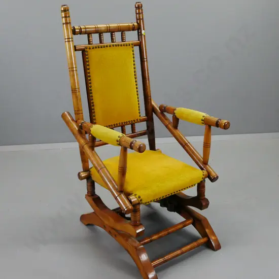 vintage turned beech sprung Dexter rocking chair upholstered in gold velvet H-1120 W-530 D-660