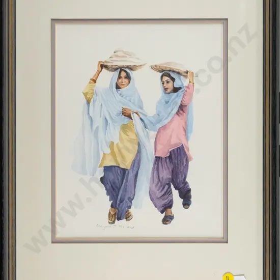 Margaret A Howard - framed watercolour - women carrying bundles on heads H-280  W-210