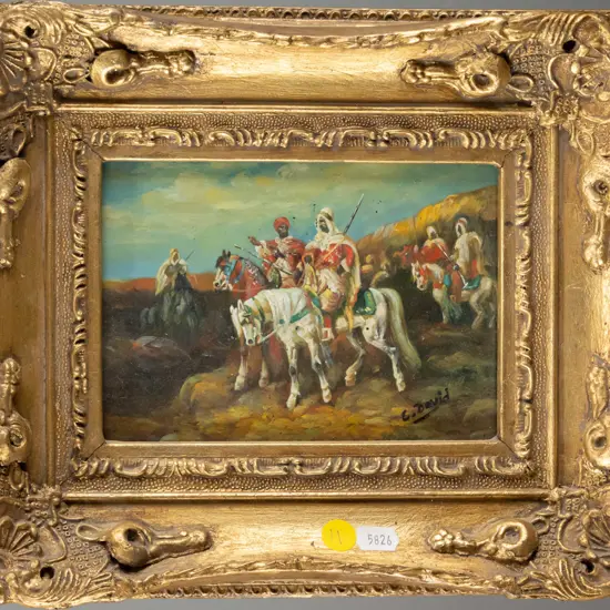 C David - gilt framed acrylic - men on horseback H-110 W-160