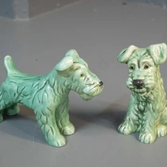 2 small Sylvac green terrier dog figures - slightly taller one is H-140, other is L-170