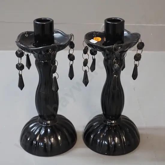 vintage dark purple moulded glass candlesticks with removable collars w/ hanging lustres H-250