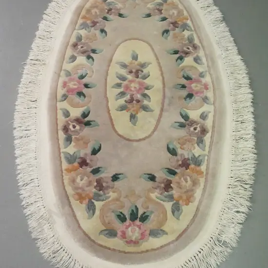 oval wool floor rug - floral muted tones L-1500 W-820