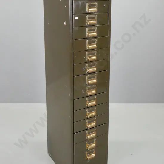 vintage 15-drawer metal A4 filing cabinet, with brass cup handles / label holders - partial label for Coulls Somerville