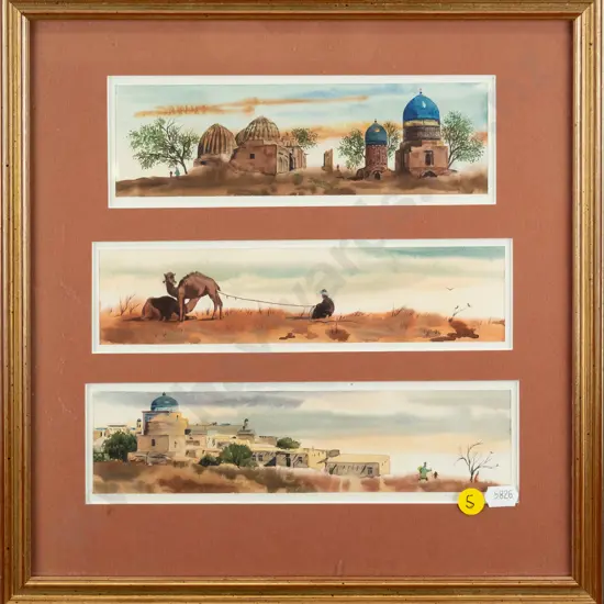 framed watercolour tryptic -Middle Eastern scenes - H-220 W-220