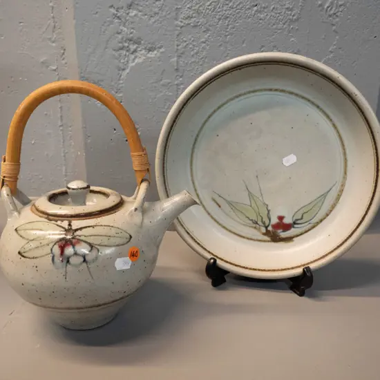 2 pieces of Neil Grant / Richmond NZ studio pottery. Teapot with cane handle and a dish D-275