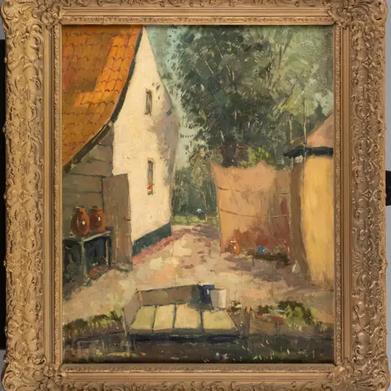 illegible signature  - gilt framed oil - country house scene H-490 W-390 (some aging to paint)