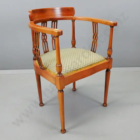 vintage beech open arm tub chair with pierced back splats, turned legs, upholstered in green & gold fabric H-770 W-500